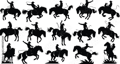 Cowboy silhouettes collection, rodeo riders on bucking horses, western equestrian sports with lasso and hats, wild west vector illustrations on white background