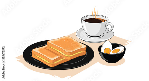 Classic breakfast set containing toasted bread sandwiches, a cup of hot black coffee, and a bowl of boiled eggs.