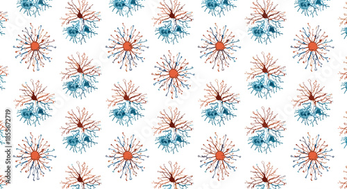 Seamless pattern depicting human neurons and nerve cells in shades of blue and orange over a simple white background.