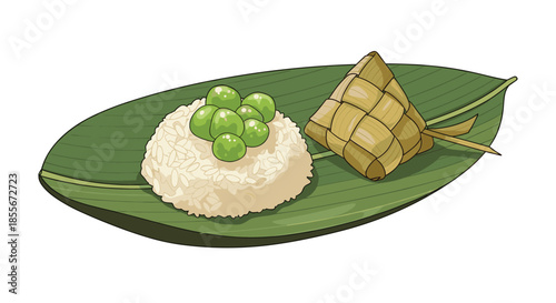 Traditional asian meal featuring a scoop of rice with peas and a leaf wrapped sticky rice dumpling on a green leaf.