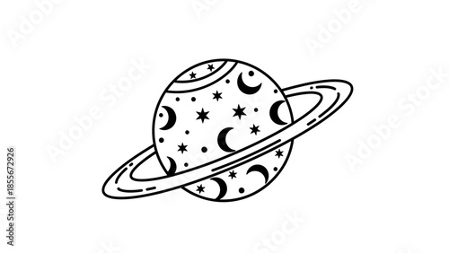 Black and white illustration of a planet with rings and stars on white background