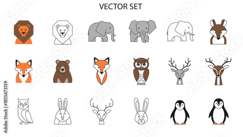 Vector set of diverse animals illustrations in flat design style