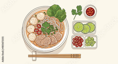 Top view of a savory bowl of noodle soup with meatballs, sliced meat, and fresh herbs served with various condiments.