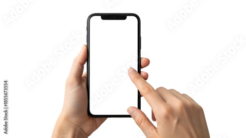 Person holding a generic smartphone with a blank white screen, tapping the display with their finger on a clean white