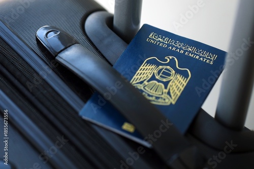 United Arab Emirates passport on travel luggage close up. The concept of travel and vacation