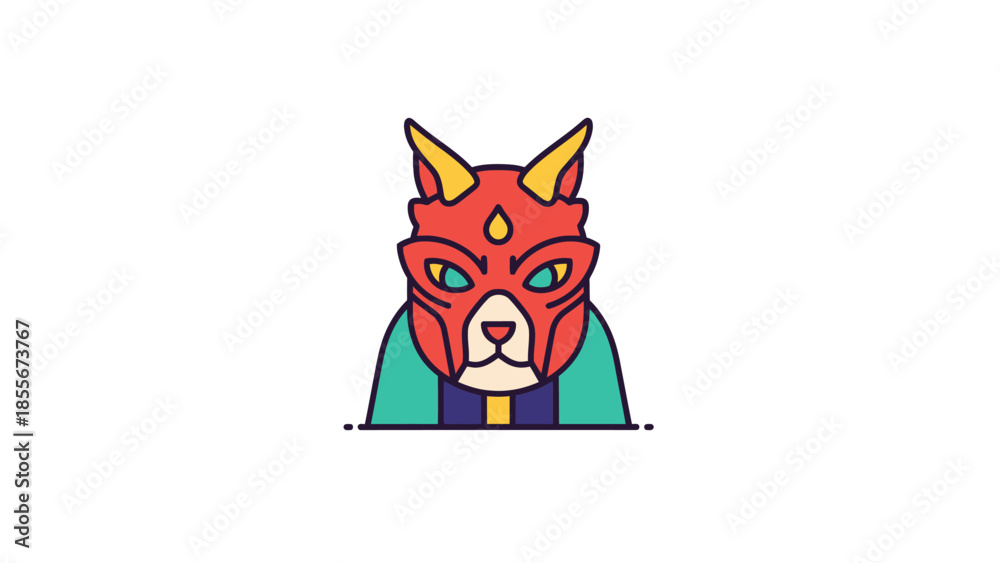 Fototapeta premium Stylized cat icon in red and yellow mask isolated on white background