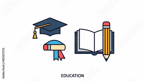 Educational icons graduation cap book pencil concept for learning design