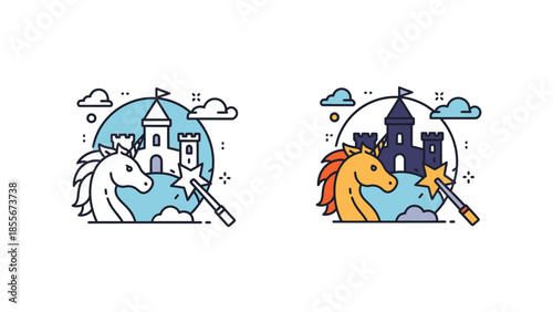 Fantasy illustration of a unicorn and castle with magic wand and decorative elements