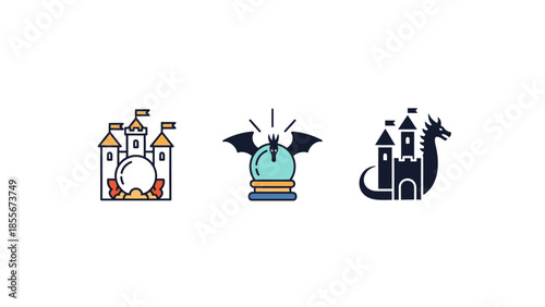 Fantasy icons castle dragon and crystal ball illustrations on white background