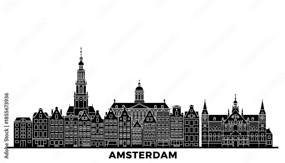 Obraz premium A detailed black and white illustration of the Amsterdam skyline, showcasing its iconic historic buildings and architecture.