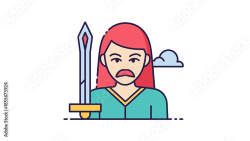 Woman with sword cartoon illustration against white background