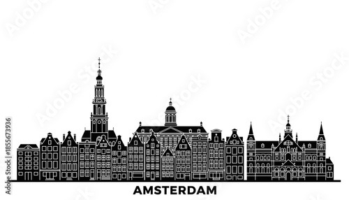 A detailed black and white illustration of the Amsterdam skyline, showcasing its iconic historic buildings and architecture.