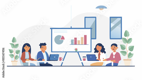 Diverse team collaborating on project with presentation and laptops