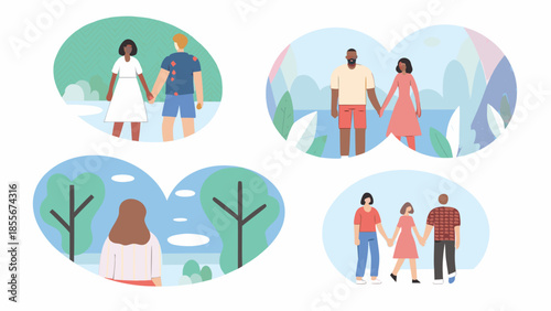 Diverse couples and individuals in serene natural settings