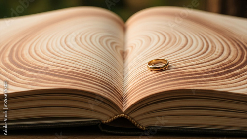 Wedding ring on book with tree ring pages - Marriage story, growing love - Marriage Concept