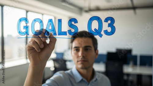 Writing quarterly goals on glass wall - Business planning, strategic vision - Strategic Planning Concept