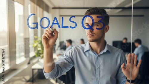 Writing quarterly goals on glass wall - Business planning, strategic vision - Strategic Planning Concept