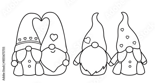 Cute Valentine's Day Couple Gnome Outline, Coloring Pages and Templates set.
Black and white lines.