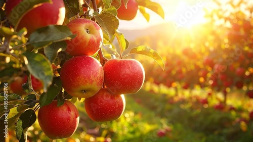 A cluster of ripe red apples hangs on a branch bathed in sunlight with a blurred orchard in the background