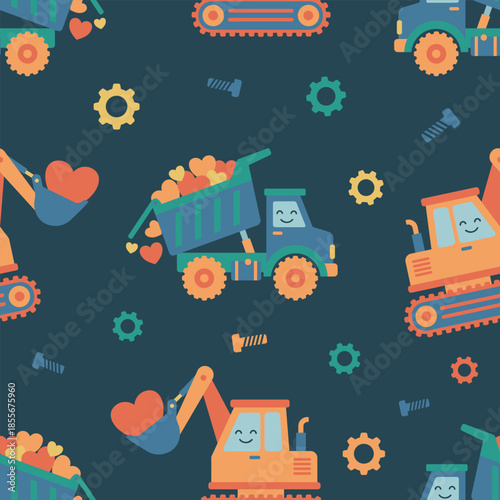 Cool seamless pattern of construction trucks dumping hearts. Vector flat design vehicle Valentine background for boys' pajamas, toy packaging, engineering themes, and heavy machinery.