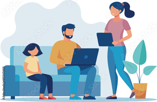 Diverse family sitting together and discussing online safety rules and digital citizenship at home illustration