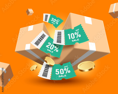 Multiple green discount sign or tags, gold or dollar coins floating in air are displayed on a parcel boxes or cardboard boxes this is ideal for online shopping and delivery advertising banner design