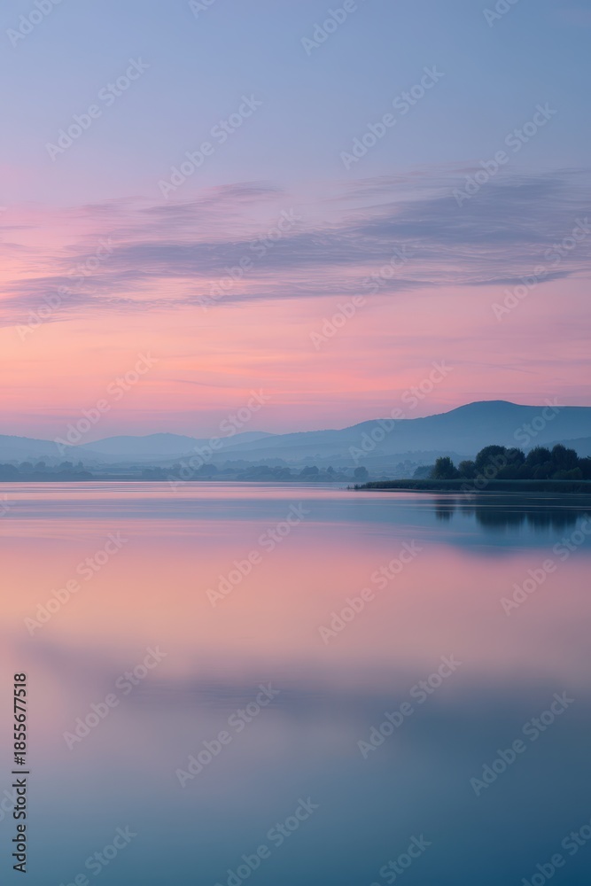 Obraz premium Vertical photograph of a tranquil lake with glassy reflections at dawn