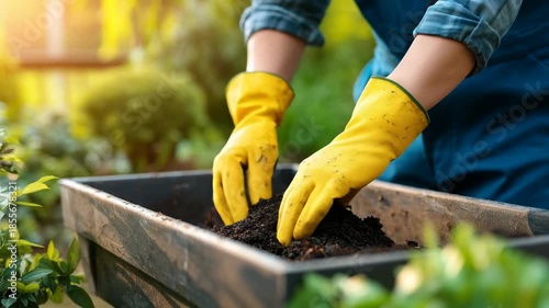 Gardener Wearing Yellow Gloves Working in Garden Soil with Plants and Greenery in Background