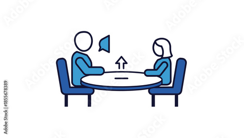 Illustrated depiction of two figures seated at a table communicating ideas