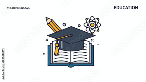Education concept open book pencil graduation cap and atom symbol