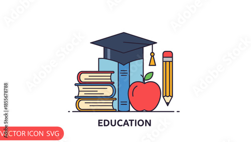 Educational icon books apple pencil and graduation cap symbolize learning