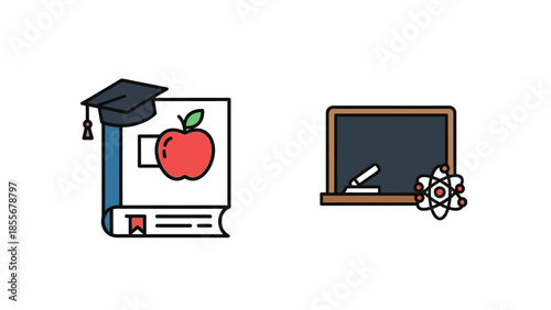Educational icons book apple mortarboard blackboard and atom symbol