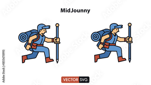 Cartoon traveler hiking illustration backpack and walking stick in nature