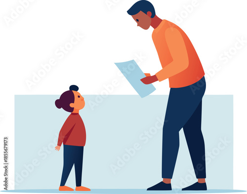 Child recognizing a suspicious message on a smartphone and asking a parent for help, promoting online safety habits illustration