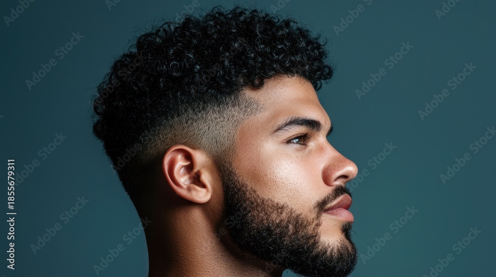 Fototapeta premium A young man with curly hair and a beard, wearing a black t-shirt, stands against a blue background with a neutral expression.