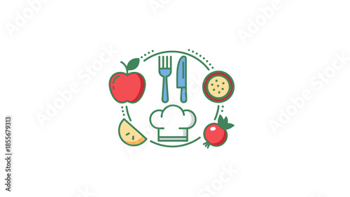 Culinary icon with food elements chefs hat and utensils isolated on white