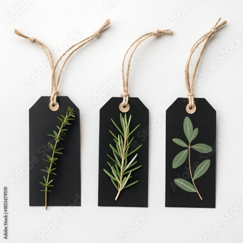 Three elegant black gift tags adorned with fresh herbs and tied with natural twine perfect for crafting and gift wrapping