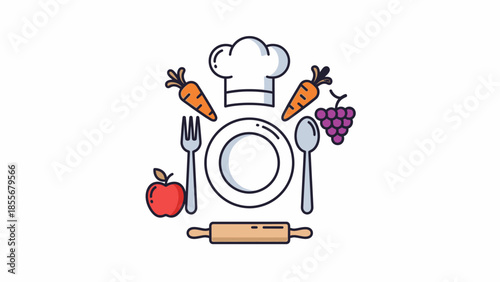 Culinary illustration of cooking essentials with food elements and chef hat