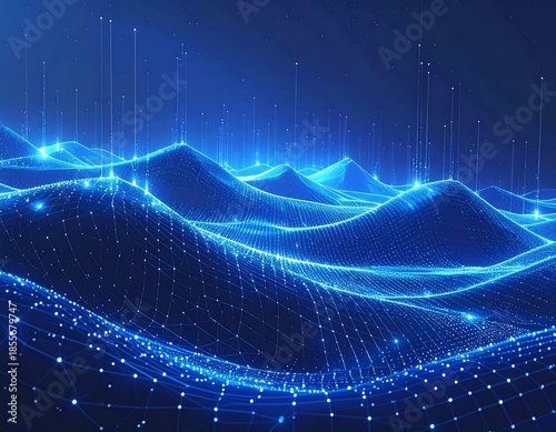 Digital rendering of flowing, interconnected data waves, glowing blue