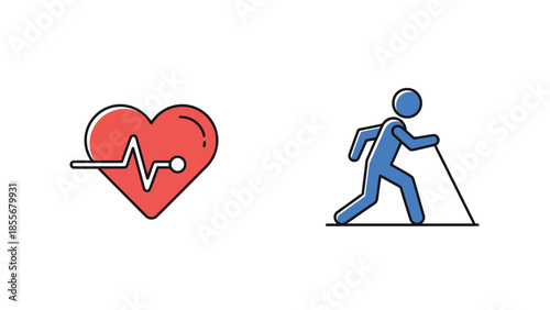 Health and fitness icons heartbeat and walking figure on white background