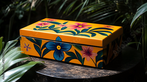 Vibrant floral-patterned box resting on a wooden surface surrounded by lush green foliage in a serene environment
