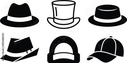 Black hat icon set featuring fedora top hat bowler cap silhouette vector collection isolated on white background minimal design illustration