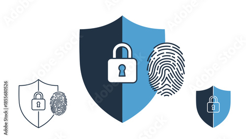 Security shield with padlock and fingerprint graphic representing data protection