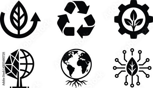 Eco friendly sustainability and green technology icon set with recycling, renewable energy, digital nature, global environment symbols
