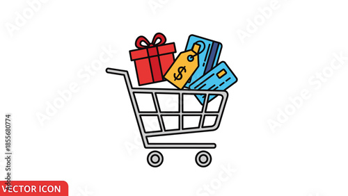 Shopping cart filled with gift box price tag and credit cards