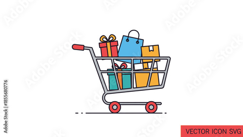 Shopping cart filled with presents and packages isolated on white background