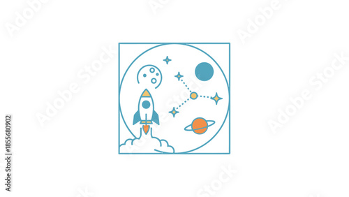 Cartoon rocket ship launch into space with planets and stars vector design