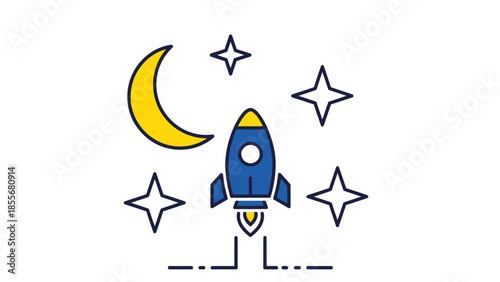 Cartoon rocket ship launching to the moon among stars over white background