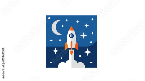 Rocket launching into night sky with stars and crescent moon illustration