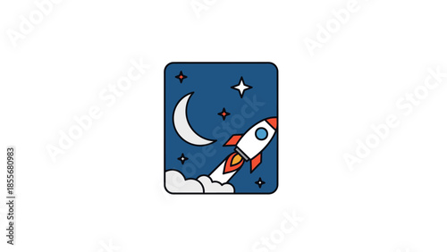 Cartoon rocket launching into space with stars and moon on dark background
